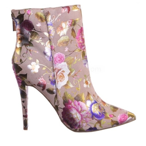 Pink Faux-Fur Lined Floral Silhouette Jacquard Stiletto HighHeel Booties - Picture 5 of 10